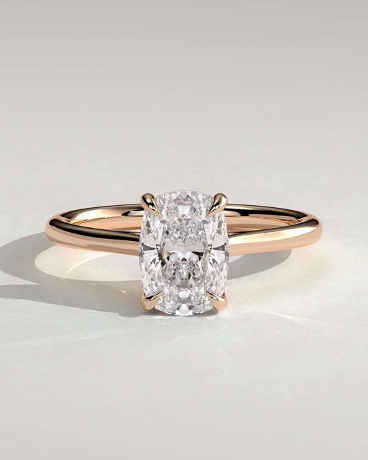 Wendy - Elongated Cushion Claw Solitaire with Hidden Halo, Tapered Band and Cathedral High Setting Engagement Ring - Rose Gold