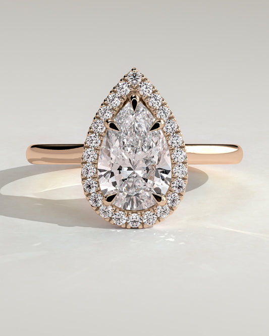 Viola - Pear Claw Solitaire with Halo and Cathedral High Setting Engagement Ring - Rose Gold