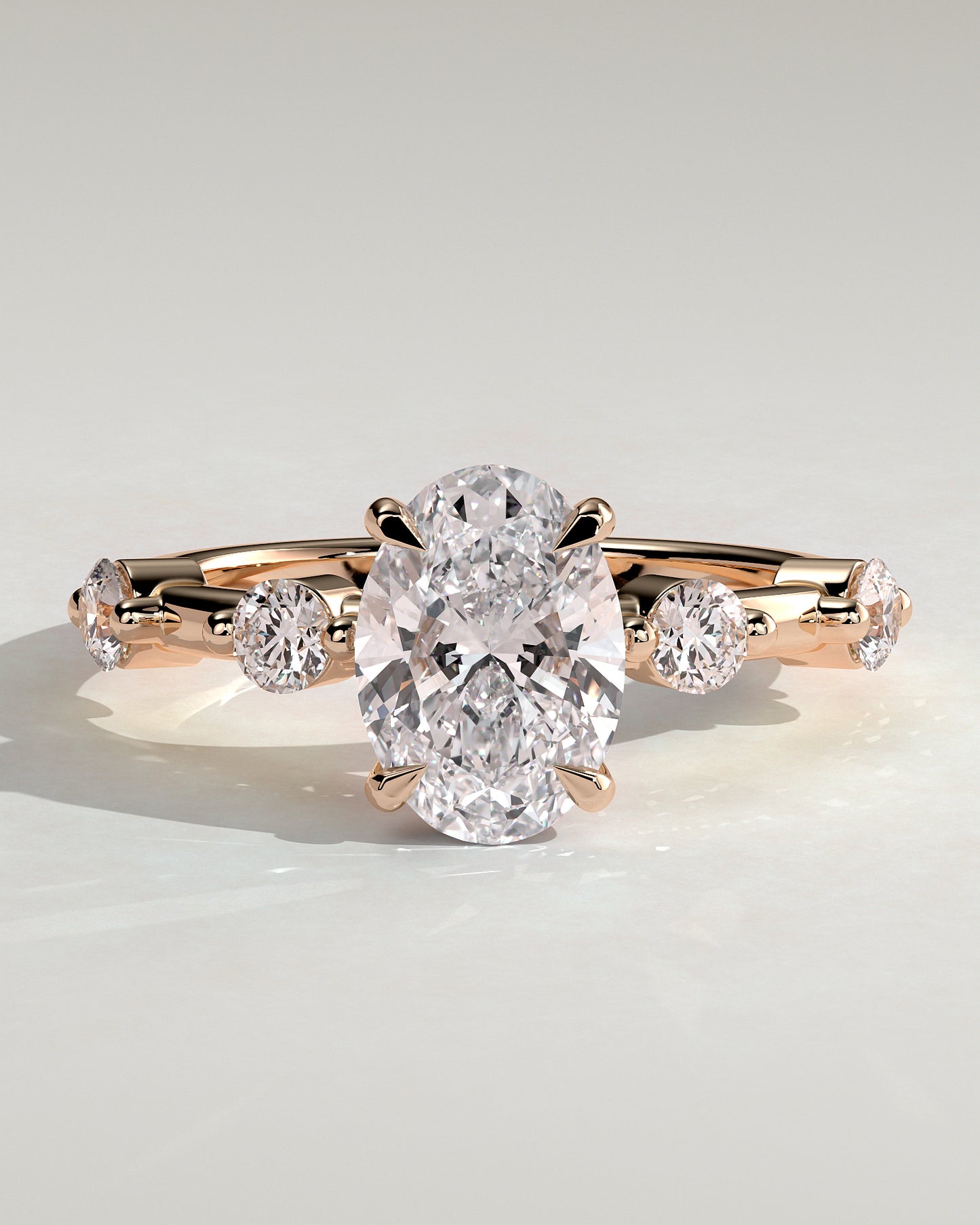 Arwen - Oval Claw Solitaire with 4 Spaced Round Accent Stones and Hidden Halo Engagement Ring - Rose Gold - Rose Gold 2ct