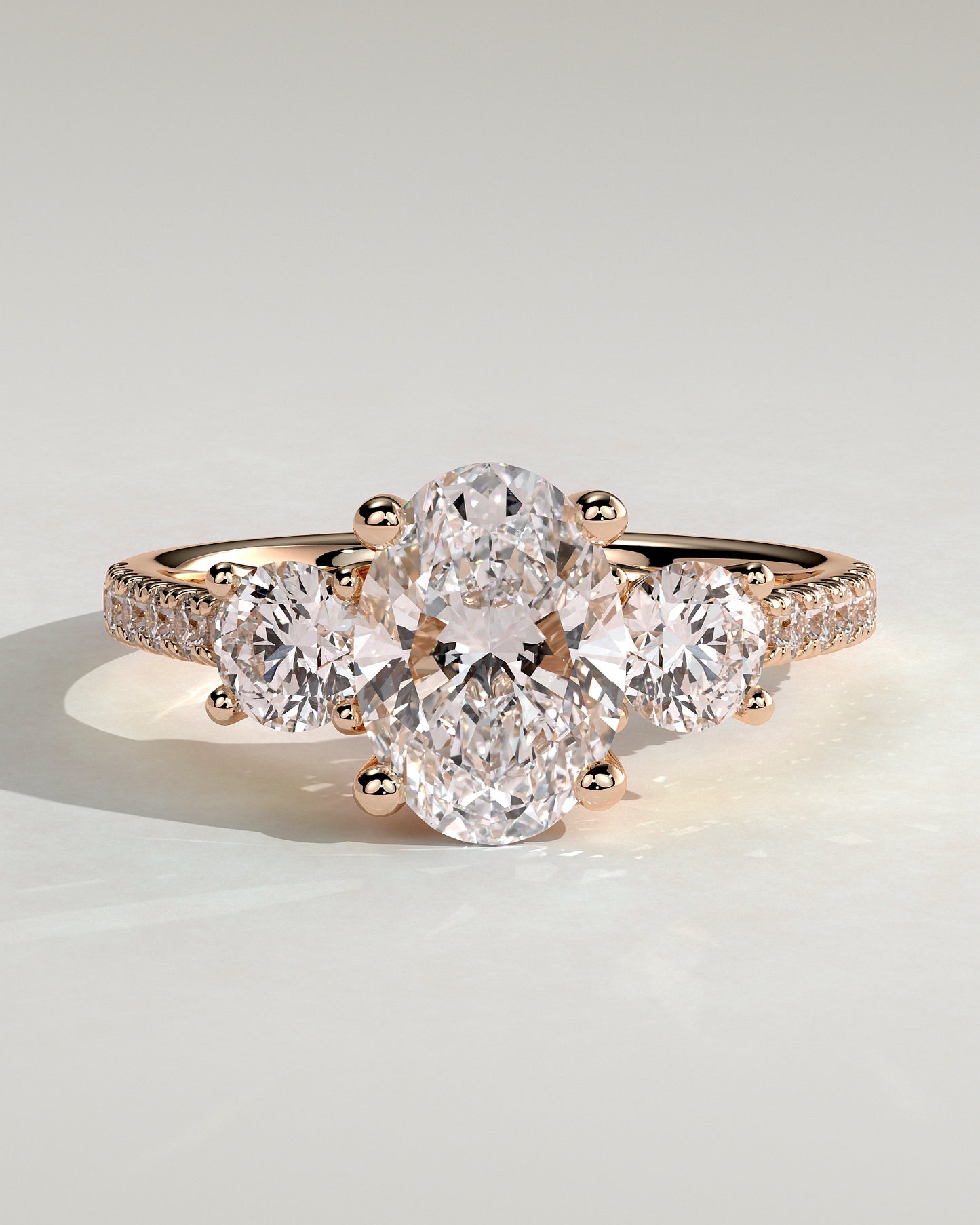 Aviana - Oval Claw Trilogy with Round Side Stones, Pave Band and Trellis Gallery  Engagement Ring - Rose Gold - Rose Gold 2ct