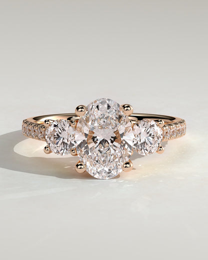 Aviana - Oval Claw Trilogy with Round Side Stones, Pave Band and Trellis Gallery  Engagement Ring - Rose Gold