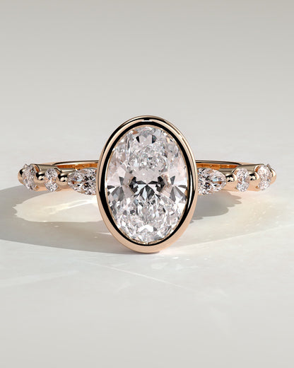 Aylin - Oval Bezel Solitaire with Marquise-Round Accent Stones Engagement Ring - Rose Gold