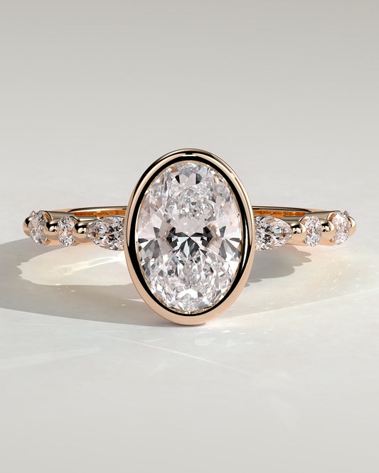 Aylin - Oval Bezel Solitaire with Marquise-Round Accent Stones Engagement Ring - Rose Gold
