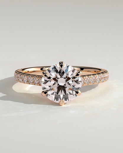 Briar - Round Claw Solitaire with Trellis Gallery, Pave Band and Cathedral Low Setting Engagement Ring - Rose Gold