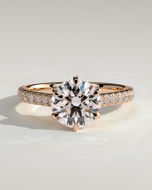 Briar - Round Claw Solitaire with Trellis Gallery, Pave Band and Cathedral Low Setting Engagement Ring - Rose Gold