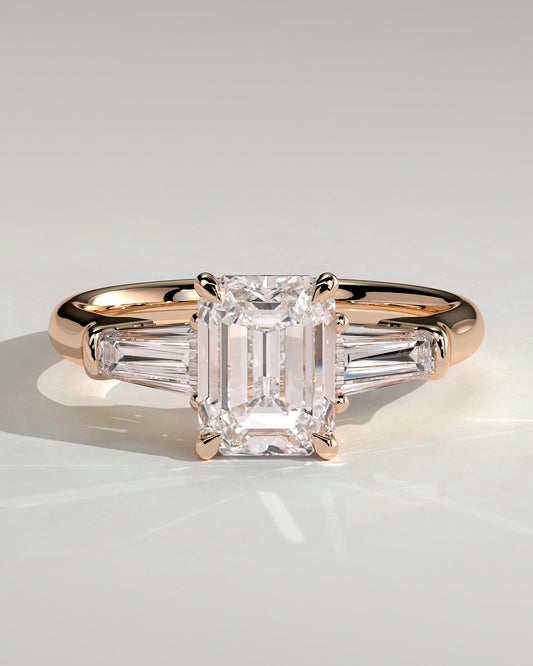 Bridget - Emerald Claw Trilogy with Tapered Baguette Side Stones and Cathedral Setting Engagement Ring - Rose Gold