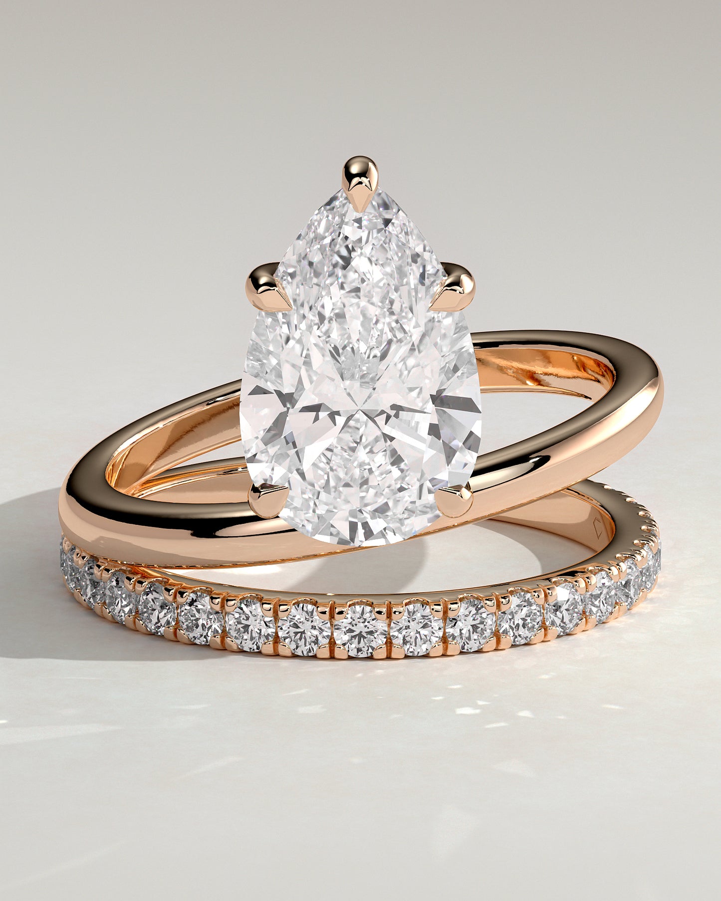Candice - Pear Claw Solitaire with Double Pave and Plain Band Engagement Ring - Rose Gold - Rose Gold 2ct