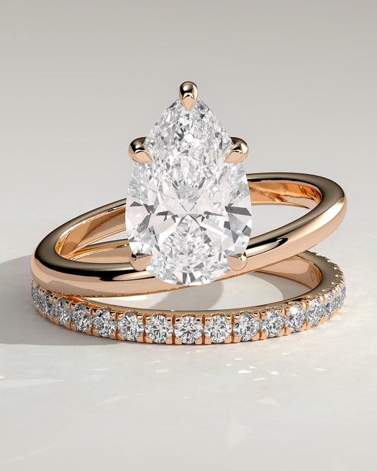 Candice - Pear Claw Solitaire with Double Pave and Plain Band Engagement Ring - Rose Gold