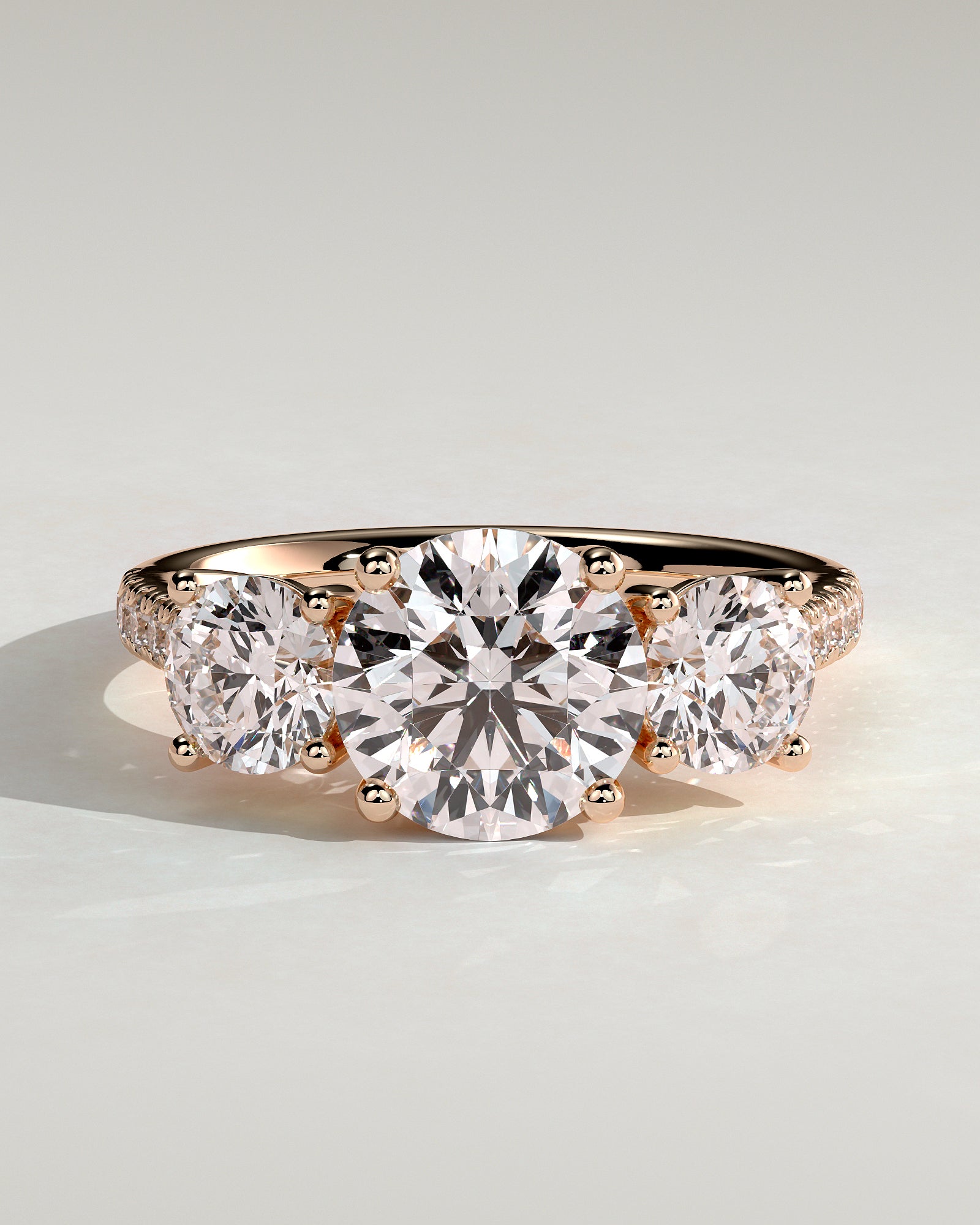 Ella - Round Claw Trilogy with Round Side Stones, Pave Band and Trellis Gallery  Engagement Ring - Rose Gold - Rose Gold 2ct