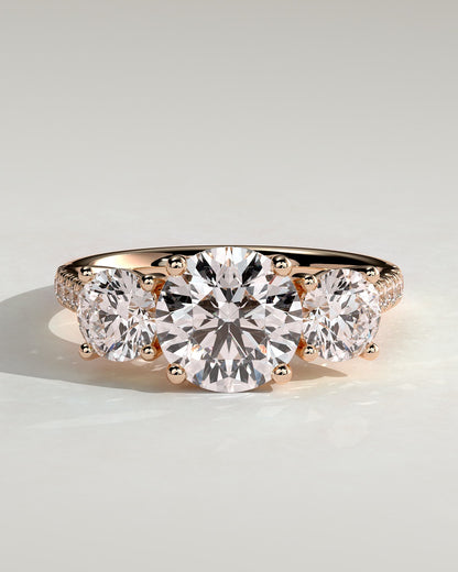 Ella - Round Claw Trilogy with Round Side Stones, Pave Band and Trellis Gallery  Engagement Ring - Rose Gold
