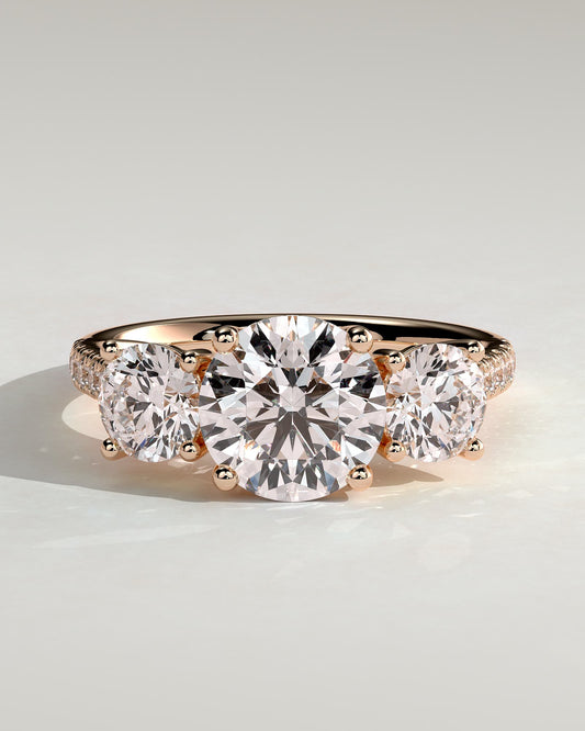 Ella - Round Claw Trilogy with Round Side Stones, Pave Band and Trellis Gallery  Engagement Ring - Rose Gold