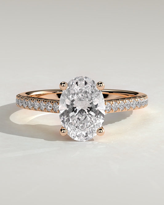 Eloise - Oval Claw Solitaire with Pave Band and Solid Cathedral Low Setting Engagement Ring - Rose Gold