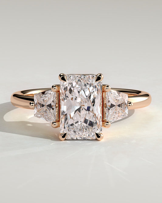 Juliette - Radiant Claw Trilogy with Trapezoid Side Stones and Low Setting Engagement Ring - Rose Gold