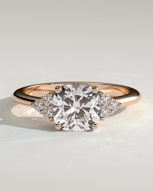 Lena - Cushion Claw Solitaire with Round Shoulder Stones Engagement Ring - Rose Gold
