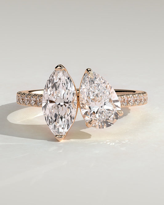 Noa - Marquise and Pear Claw Toi et Moi with Pave Band and Cathedral High Setting Engagement Ring - Rose Gold