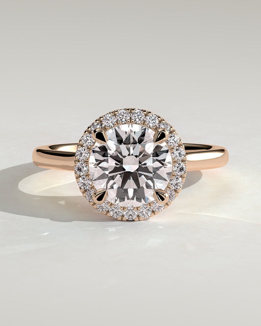 Nola - Round Claw Solitaire with Halo and Cathedral High Setting Engagement Ring - Rose Gold