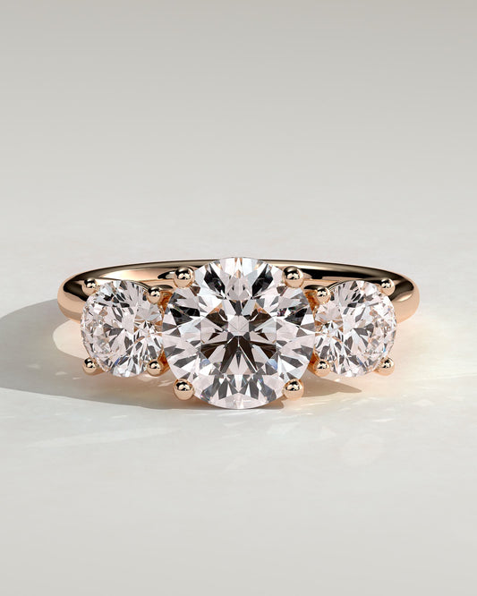 Octavia - Round Claw Trilogy with Round Side Stones and Trellis Gallery Engagement Ring - Rose Gold