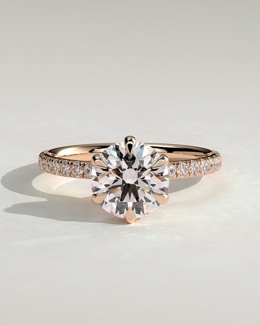 Holly - Round Claw Solitaire with Pave Band and Pave Collar Engagement Ring - Rose Gold