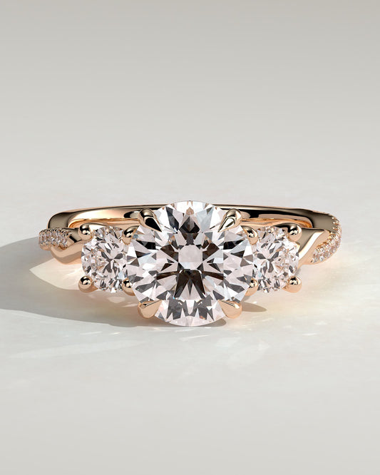 Jaylene - Round Claw Trilogy with Round Side Stones, Twisted Pave Band and Trellis Gallery Engagement Ring - Rose Gold