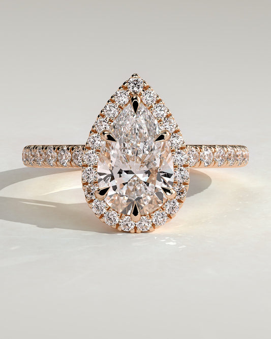 Kirsten - Pear Claw Solitaire with Pave Band and Halo and Low Setting Engagement Ring - Rose Gold