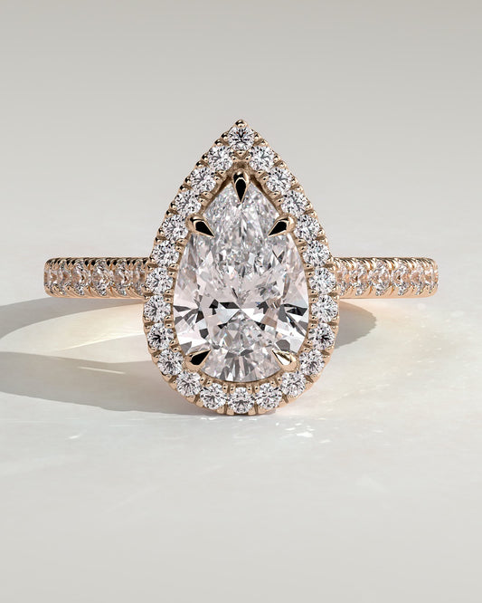 Madeline - Pear Claw Solitaire with Halo and Pave Band and Cathedral High Setting Engagement Ring - Rose Gold
