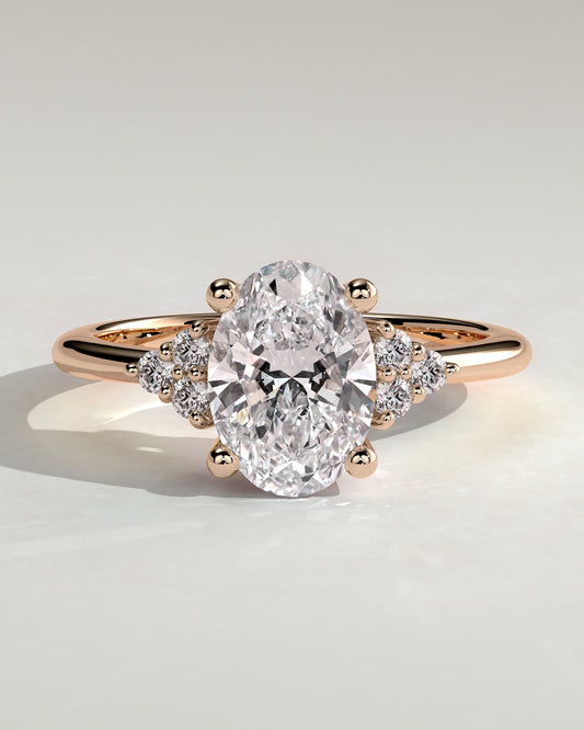 Sharon - Oval Claw Solitaire with Round Shoulder Stones Engagement Ring - Rose Gold