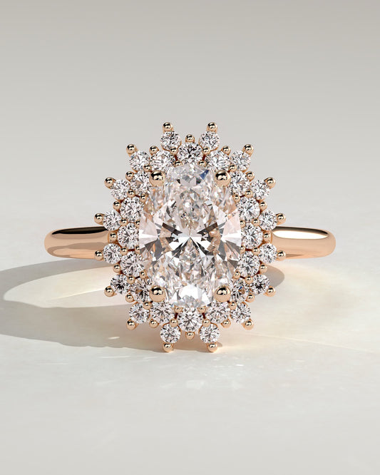 Savannah - Oval Claw Solitaire with Double Sunburst Halo and Cathedral High Setting Engagement Ring - Rose Gold