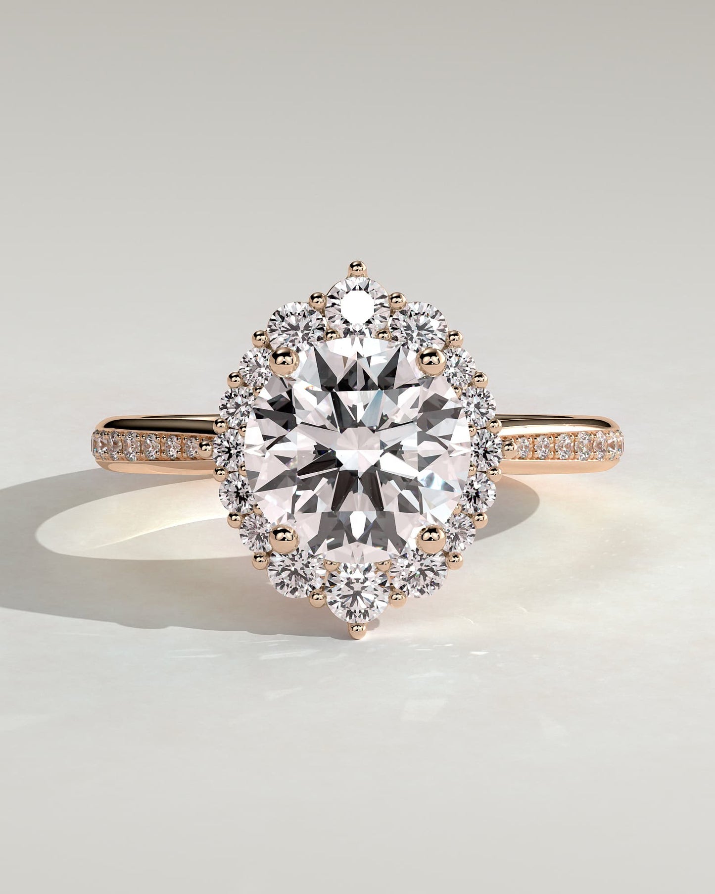 Jessica - Round Claw Solitaire with Graduating Halo and Bead Set Micropave and Tapered Band Engagement Ring - Rose Gold