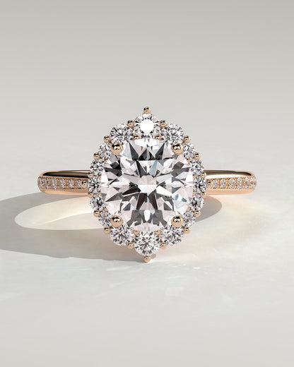 Jessica - Round Claw Solitaire with Graduating Halo and Bead Set Micropave and Tapered Band Engagement Ring - Rose Gold