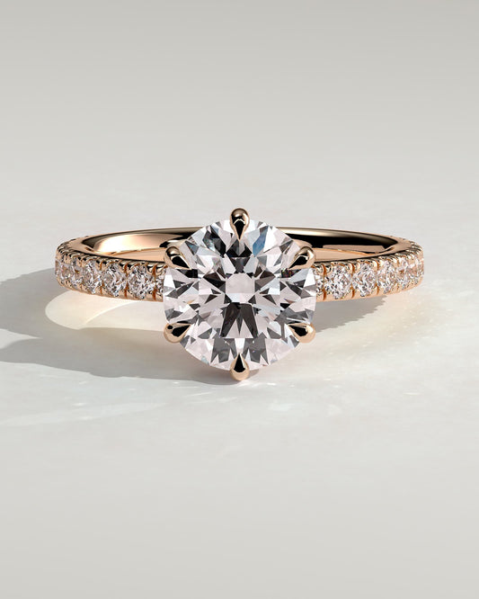 Siobhan - Round Claw Solitaire with Hidden Halo, Pave Collar and Pave Band Engagement Ring - Rose Gold