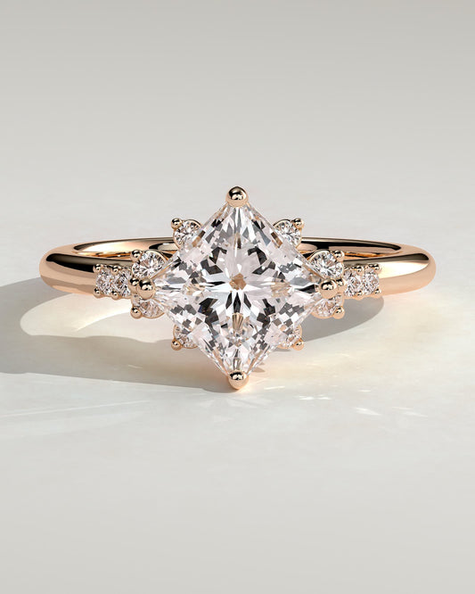 Sophia - Princess Claw Solitaire with Angled Setting and Clustered Round Shoulder Stones Engagement Ring - Rose Gold