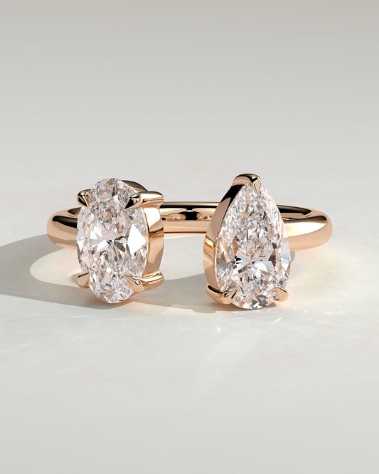 Nadia - Oval and Pear Claw Toi et Moi with Open Band Engagement Ring - Rose Gold