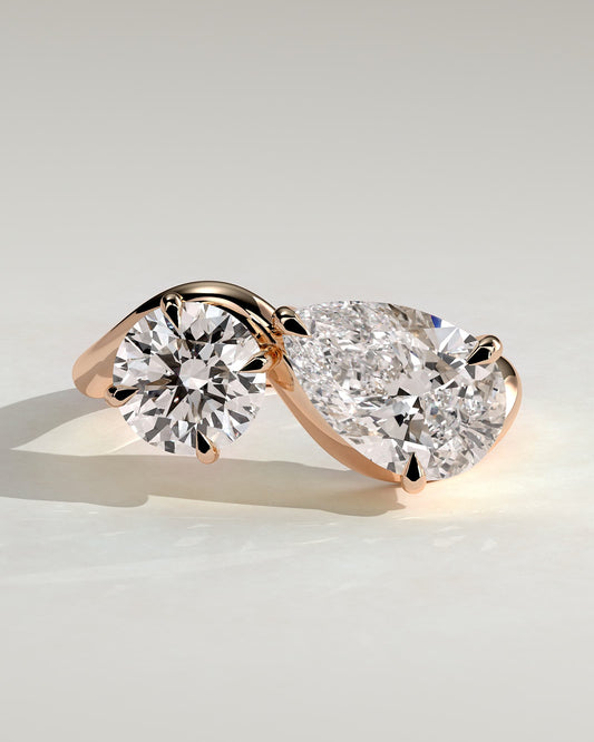 Noor - Round and Pear Claw Toi et Moi with Wave Band Engagement Ring - Rose Gold