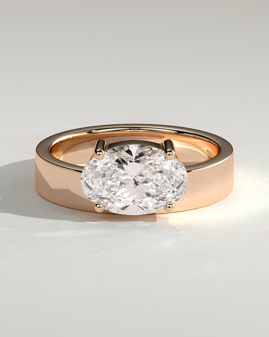 Soraya - Oval Offset East West Claw Solitaire with Flat Cigar Band  Engagement Ring - Rose Gold