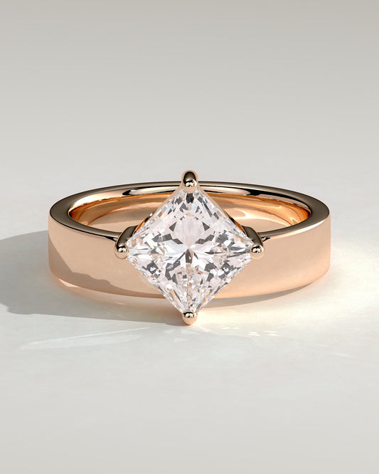 Vicki - Asscher Claw Solitaire with Offset Setting and Flat Cigar Band Engagement Ring - Rose Gold