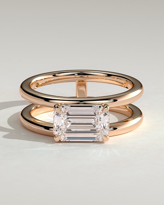 Devon - Emerald East West Claw Solitaire with Spaced Double Band Engagement Ring - Rose Gold