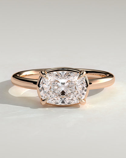 Daya - Elongated Cushion East West Claw Solitaire with Bezel Frame Engagement Ring - Rose Gold