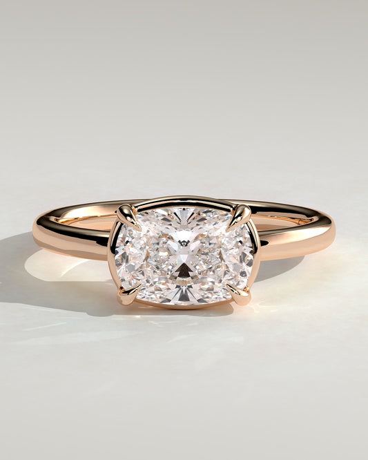Daya - Elongated Cushion East West Claw Solitaire with Bezel Frame Engagement Ring - Rose Gold
