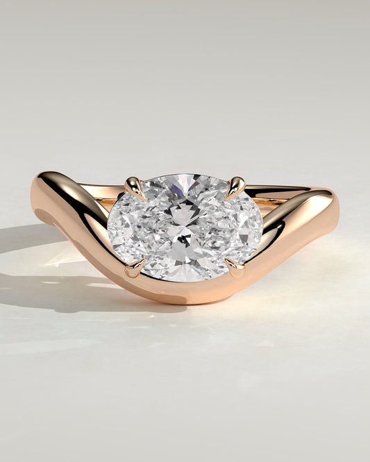 Hayley - Oval East West Claw Solitaire with Wave Band Engagement Ring - Rose Gold