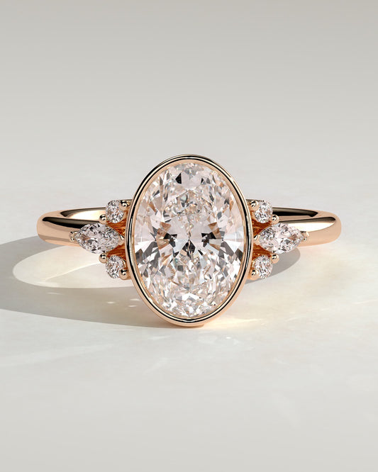 Meesha - Oval Bezel Solitaire with Marquise-Round Shoulder Stones and Cathedral High Setting Engagement Ring - Rose Gold