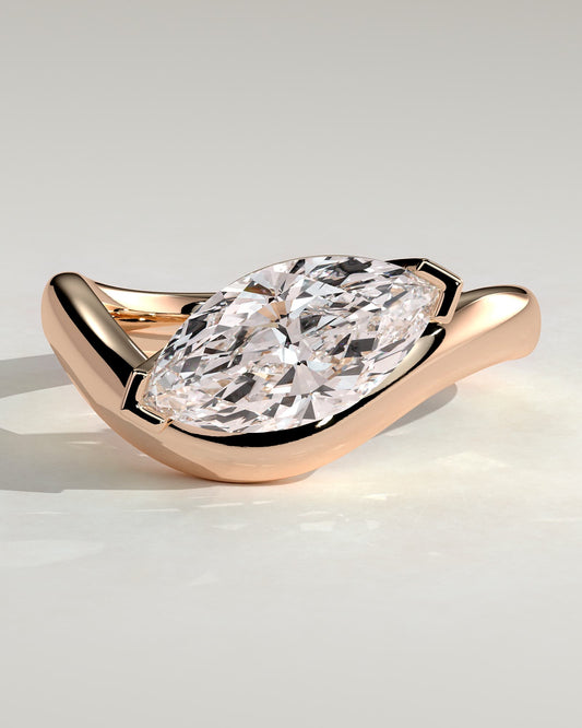 Pia - Marquise East West Claw Solitaire with Wave Band Engagement Ring - Rose Gold