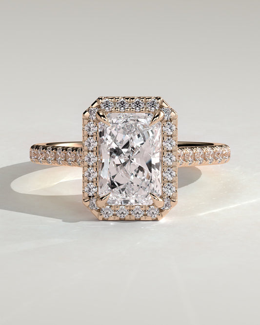 Clementine - Radiant Claw Solitaire with Halo and Pave Band and Cathedral High Setting Engagement Ring - Rose Gold