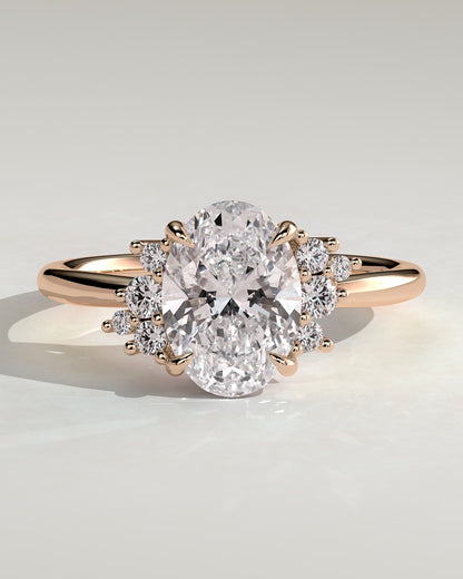 Esther - Oval Claw Solitaire with Clustered Round Opposing Shoulder Stones Engagement Ring - Rose Gold