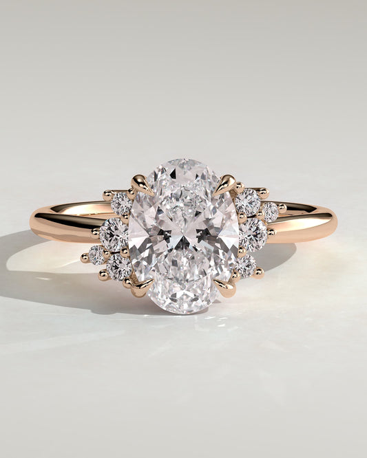 Esther - Oval Claw Solitaire with Clustered Round Opposing Shoulder Stones Engagement Ring - Rose Gold