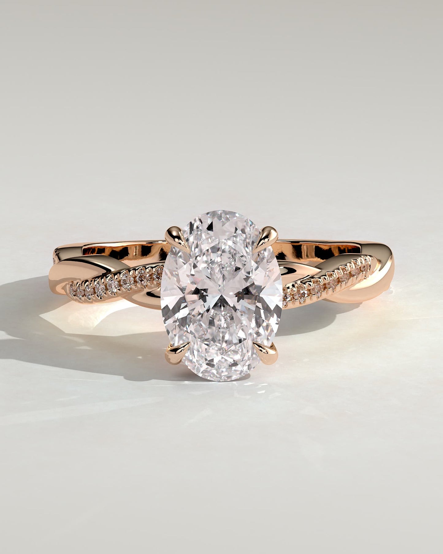 Lara - Oval Claw Solitaire with Hidden Halo and Twisted Alternating Pave Band Engagement Ring - Rose Gold