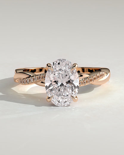 Lara - Oval Claw Solitaire with Hidden Halo and Twisted Alternating Pave Band Engagement Ring - Rose Gold