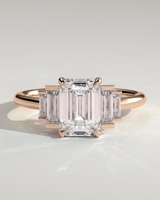 Nina - Emerald Claw Trilogy with Graduating Baguette Shoulder Stones Engagement Ring - Rose Gold