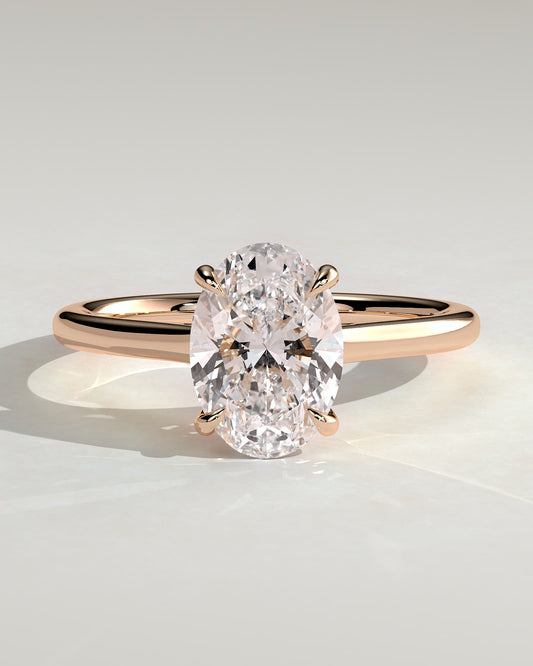 Olivia - Oval Claw Solitaire with Cathedral Low Setting and Open Trellis Gallery Engagement Ring - Rose Gold