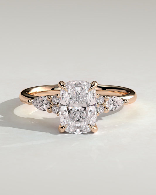 Sadie - Elongated Cushion Claw Solitaire with Pear Accents and Round Shoulder Stones Engagement Ring - Rose Gold