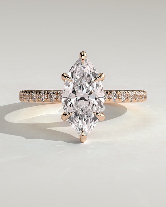Waverly - Marquise Claw Solitaire with Hidden Halo and Pave Band Engagement Ring - Rose Gold